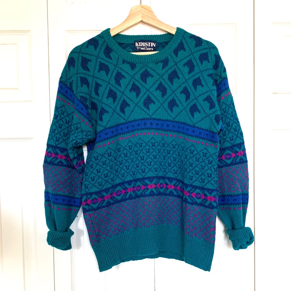 Vintage Teal Wool Equestrian Sweater